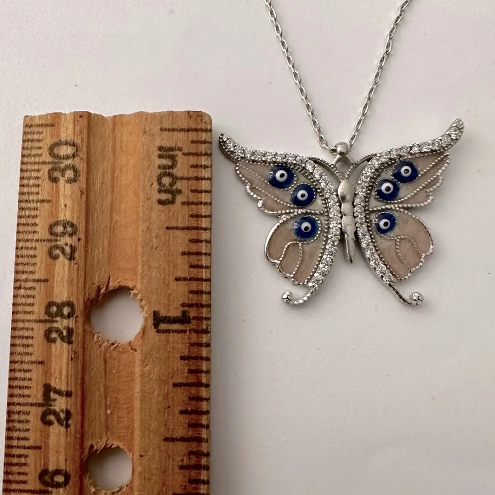 925 Silver pink butterfly evil eyes necklace